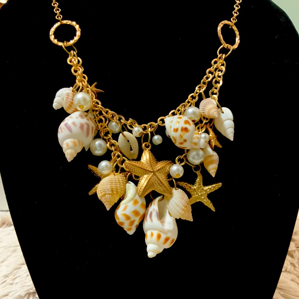 Fun Summer Shell, Starfish & Faux Pearl Necklace, Two Strands